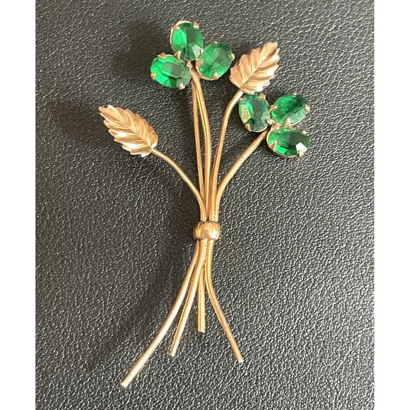 Coro Jewelry - CORO Sterling Floral Brooch Rose Gold Tone Green Rhinestone Pin Delicate Vintage